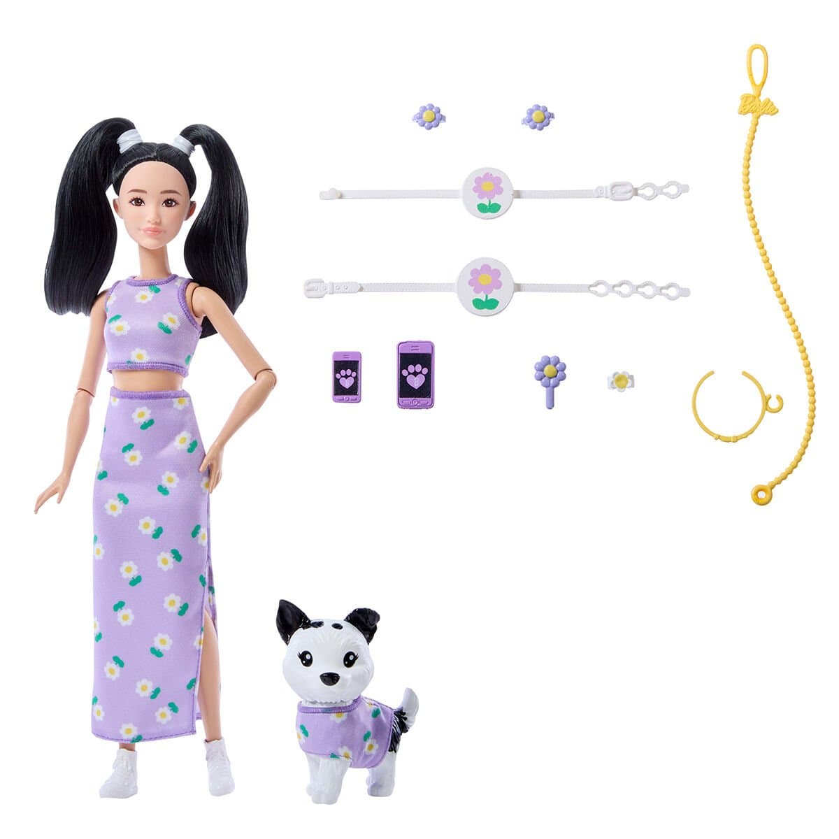 Barbie Twinning Looks Çiçek Desenli Kombin Bebek ve Köpek Seti JFP39