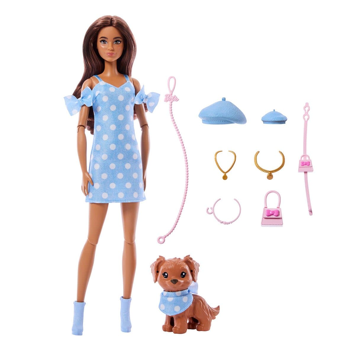 Barbie Twinning Looks Puantiyeli Kombin Bebek ve Köpek Seti JFP38