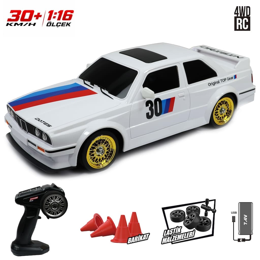 Uzaktan Kumandalı Full Fonksiyon 1:16 Şarjlı 2.4G 30KM/H 4x4 Retro Drift Araba Beyaz