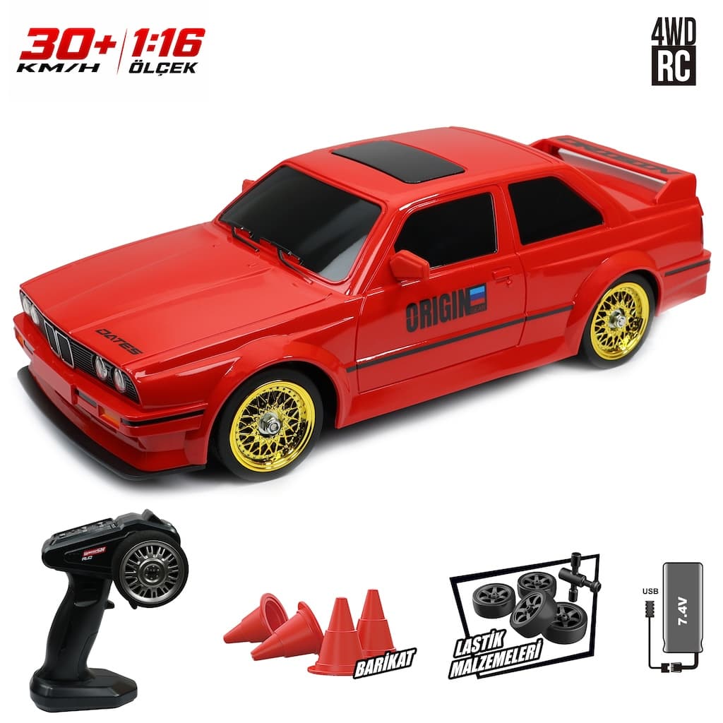 Uzaktan Kumandalı Full Fonksiyon 1:16 Şarjlı 2.4G 30KM/H 4x4 Retro Drift Araba - Kırmızı