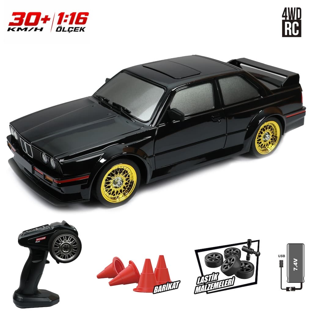 Uzaktan Kumandalı Full Fonksiyon 1:16 Şarjlı 2.4G 30KM/H 4x4 Retro Drift Araba - Siyah